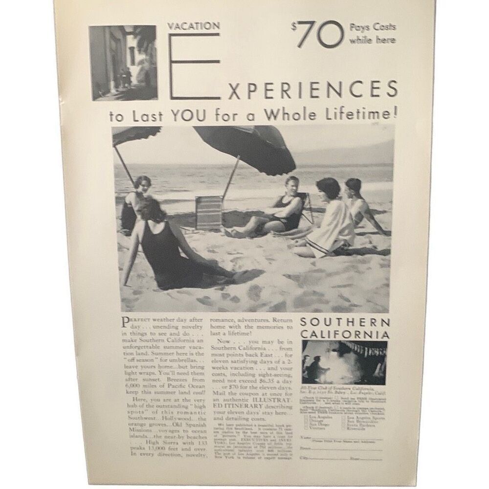 Vintage 1930 Southern California Vacation Experience Ad Advertisement